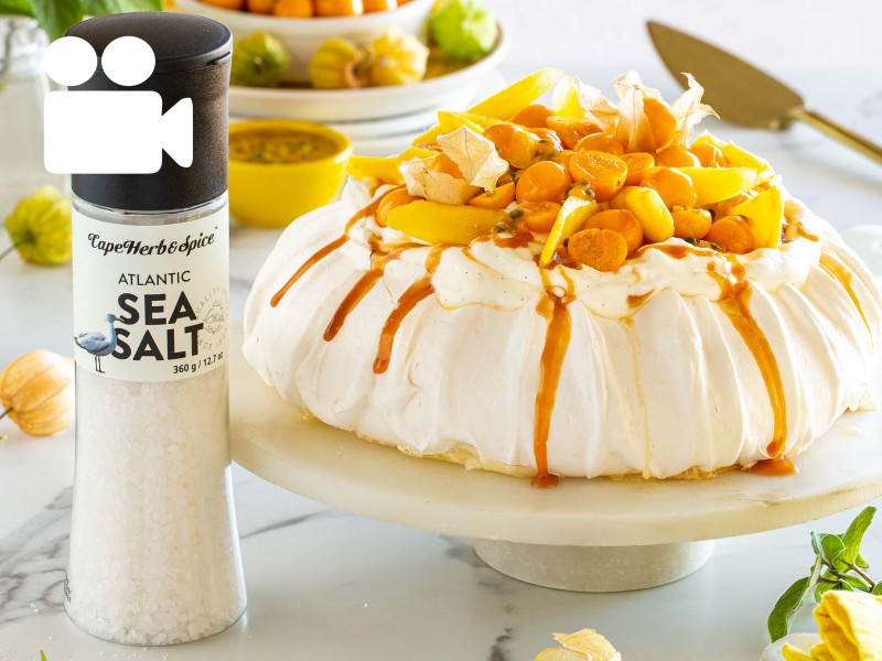 TROPICAL PAVLOVA WITH SALTED CARAMEL